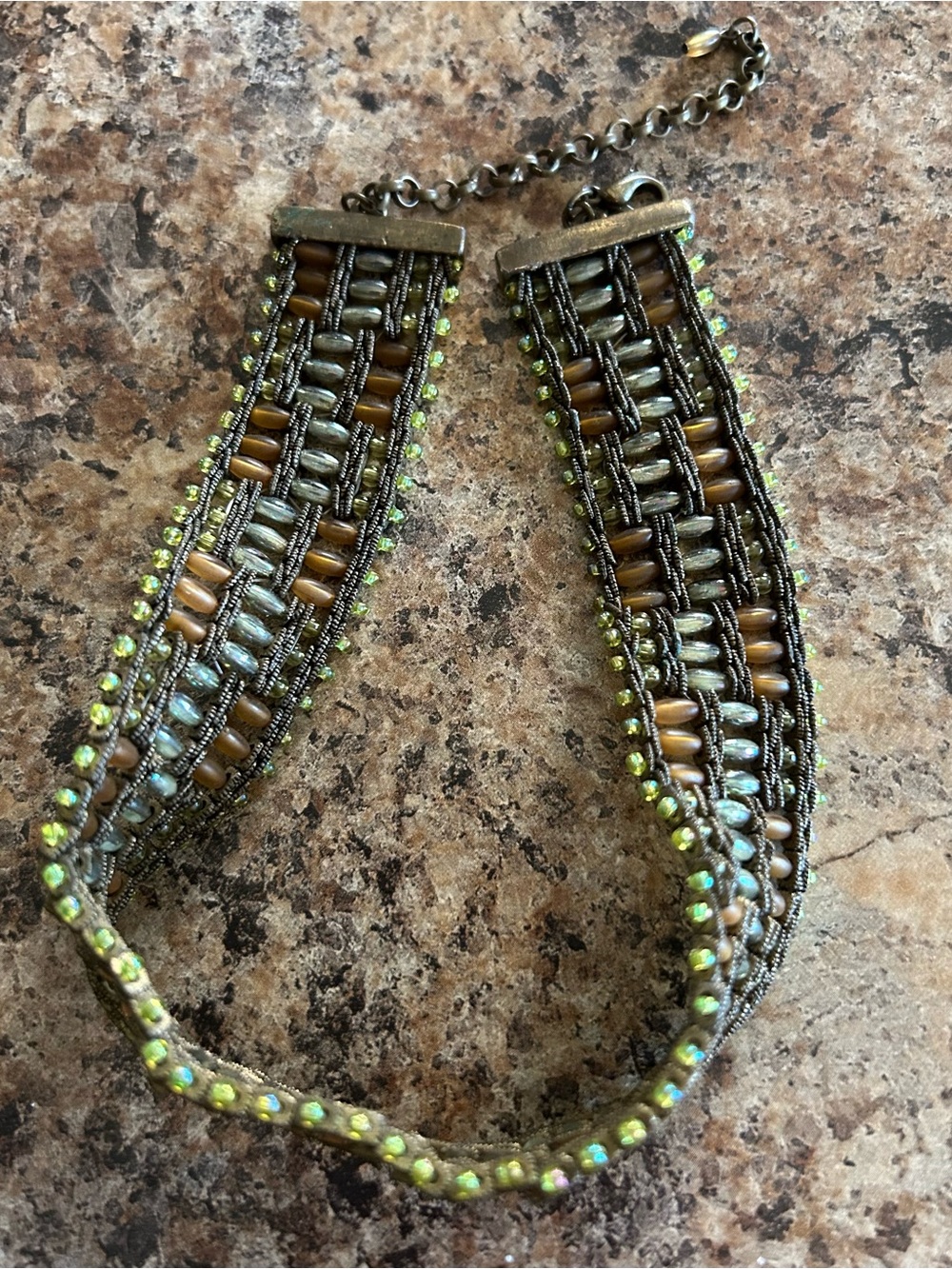 Vintage Boho/Hippie Beaded Choker Necklace in Olive Green & Brown - Picture 2 of 10